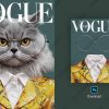 Vogue‑style pet portrait PSD template featuring a gray cat in round glasses and a floral blazer